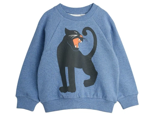 Blå-meleret Mini Rodini sweatshirt med sort pantermotiv foran 1100029960 blue